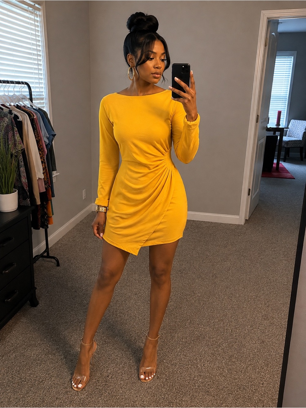 Derek Heart Mustard Yellow Long-Sleeve Ruched Mini Dress